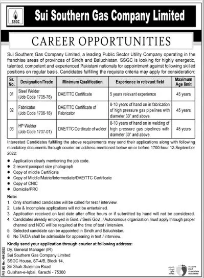 Sui Southern Gas Company Limited Jobs Jobs 2022 — original advertisement