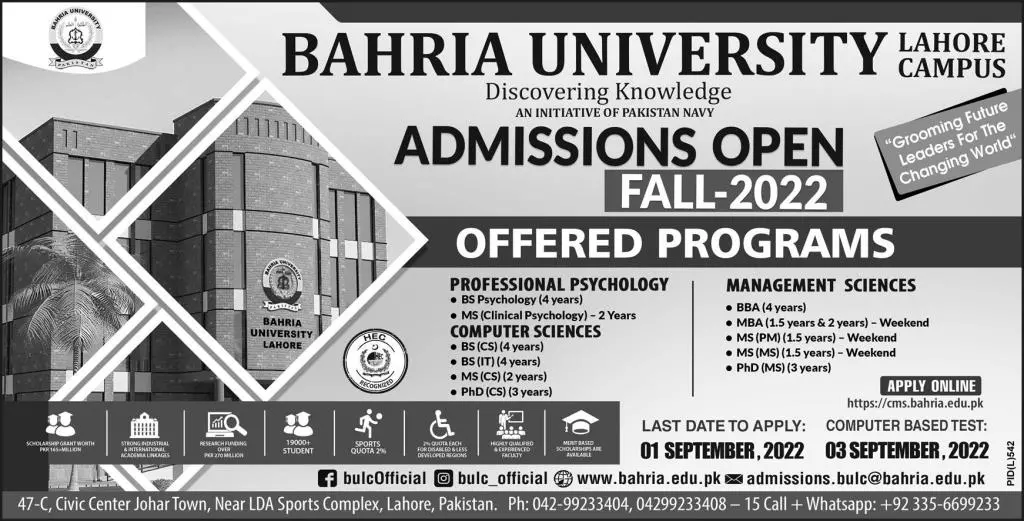 Admission in Bahria University Lahore Campus Admissions 2022 — original advertisement