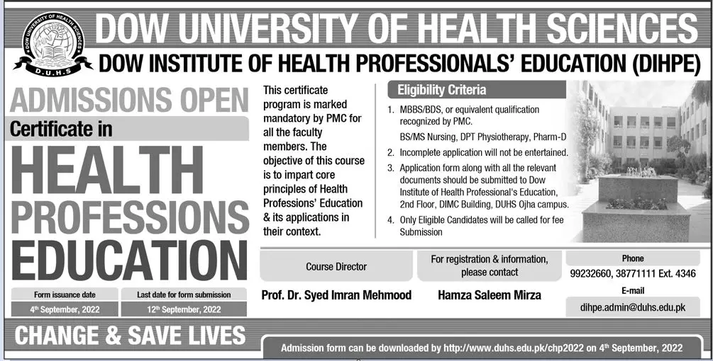 Admission in Dow University of Health Sciences – Dow University of Health Sciences Karachi Admissions 2022 — original advertisement