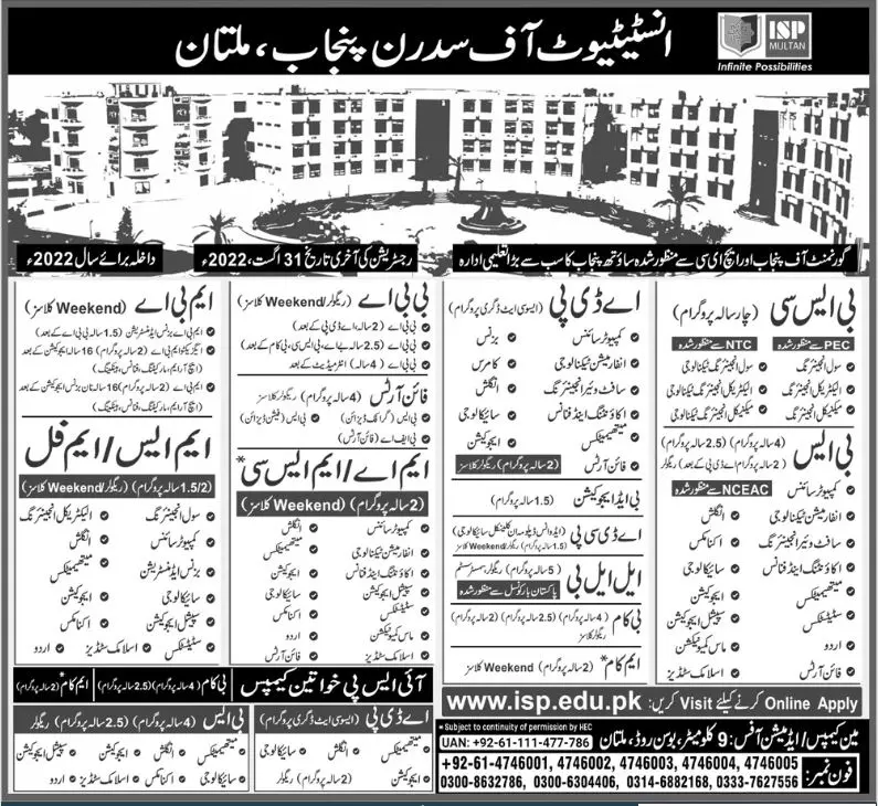 Admission in ISP Institute Of Southern Punjab – Institute of Southern Punjab Multan Admissions 2022 — original advertisement