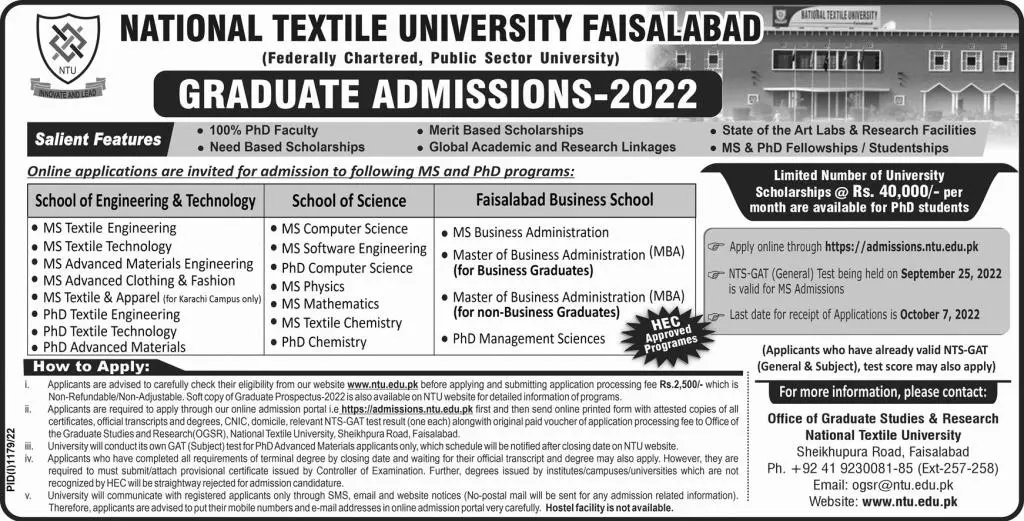 Admission in National Textile University Faisalabad | NTU Admissions 2022 — original advertisement