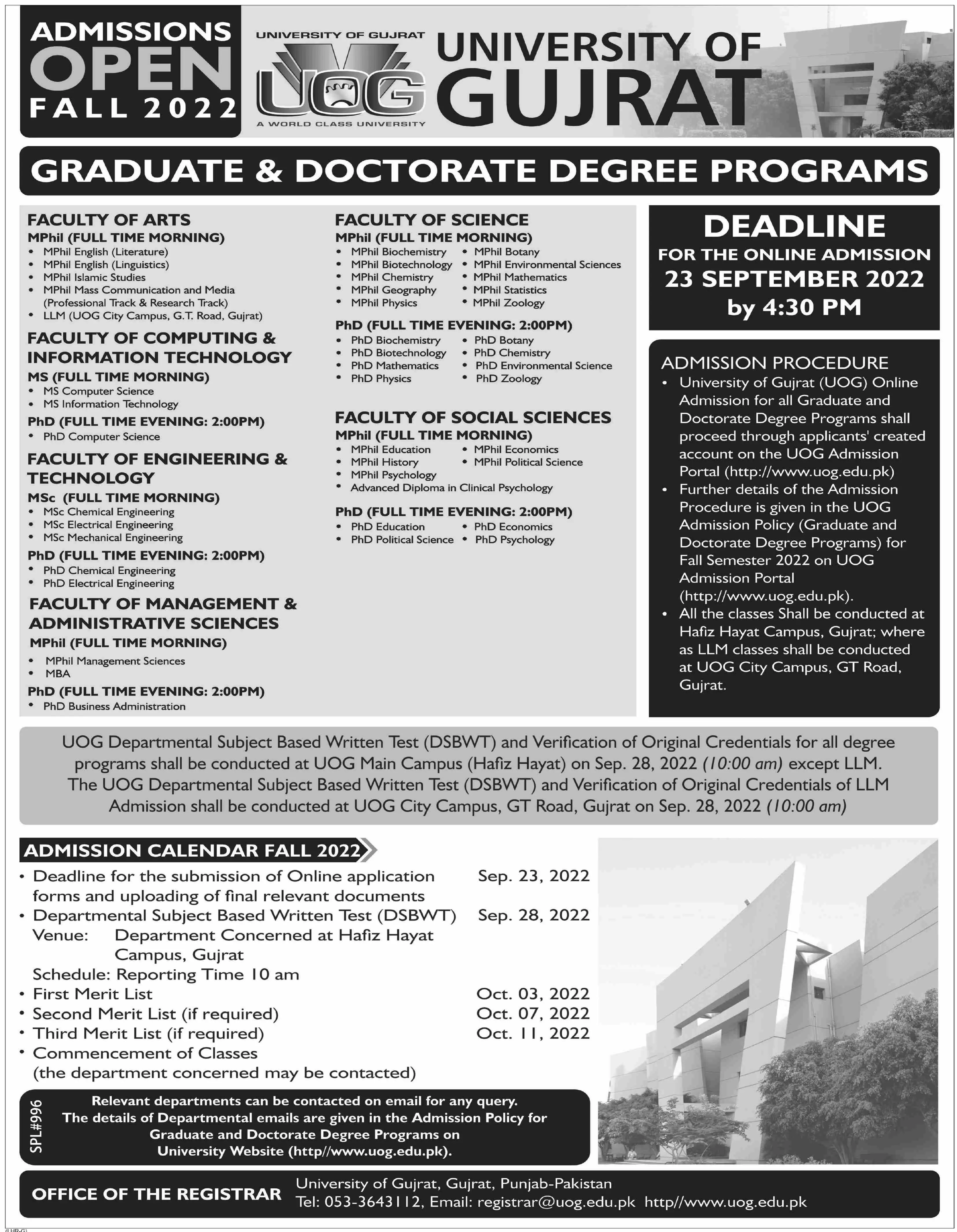 Admission in University of Gujrat UOG Admissions 2022 — original advertisement