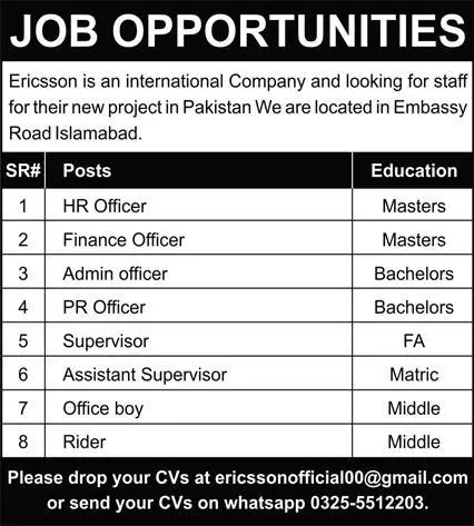 Jobs in Ericsson International Company Islamabad – Private Company Jobs 2022 — original advertisement