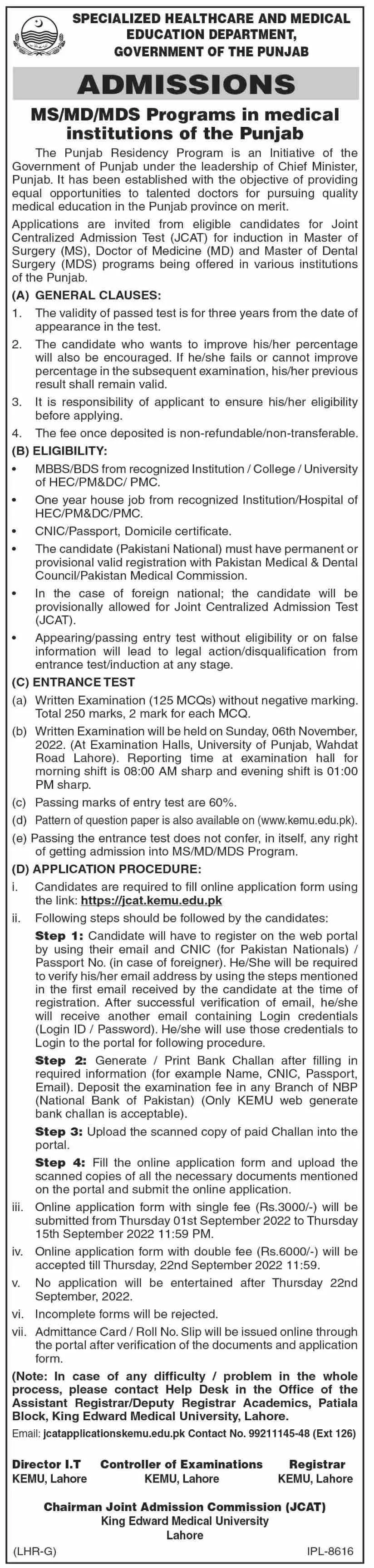Admission in King Adward Medical University Lahore – King Edward Medical University Lahore Admissions 2022 — original advertisement
