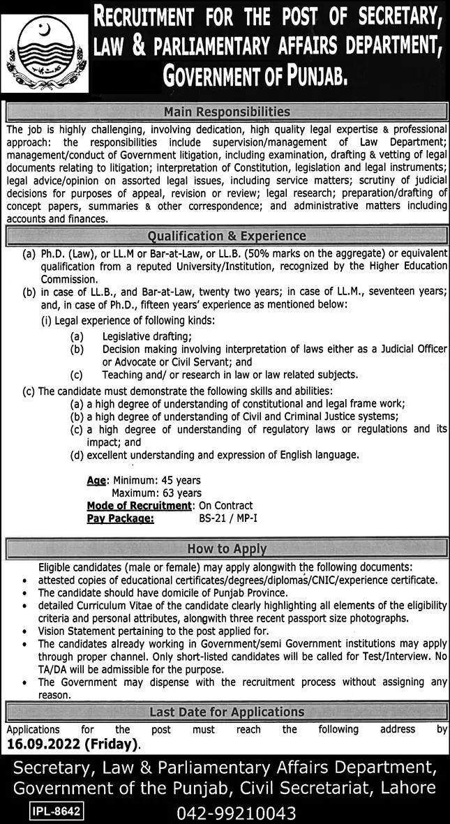Law and Parliamentary Affairs Department Punjab Jobs Jobs 2022 — original advertisement
