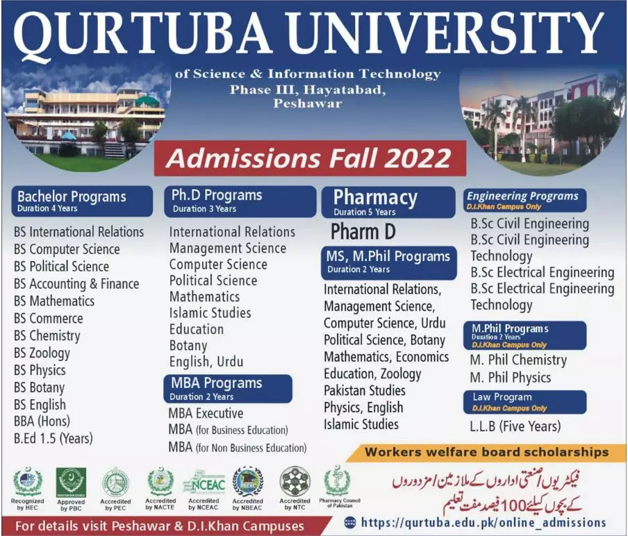Admission in Qurtuba University of Science & Information – Qurtuba University Peshawar Admissions 2022 — original advertisement