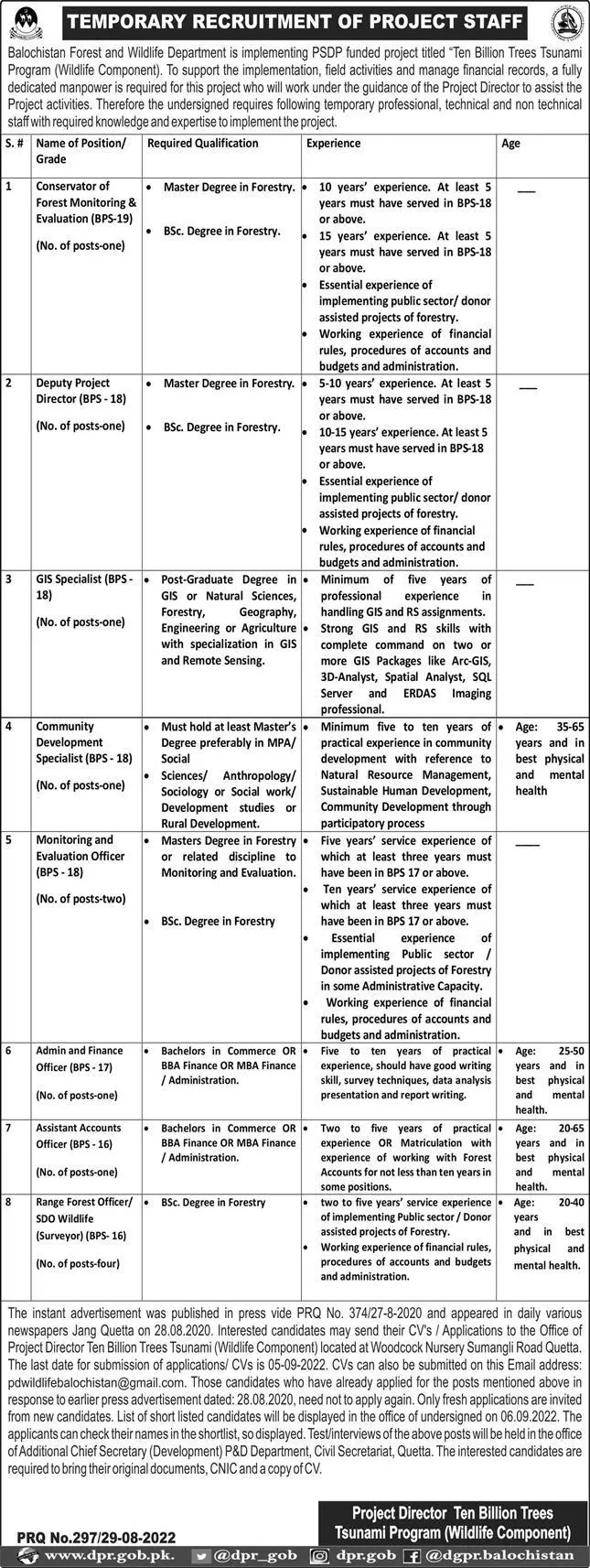Jobs in Ten Billion Trees Tsunami Balochistan 2022 – Forest and Wildlife Department Balochsitan Jobs 2022 — original advertisement