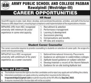 Jobs in Army Public School And College Pasban Rawalpindi – Army Public School And College Rawalpindi Jobs 2022 — original advertisement