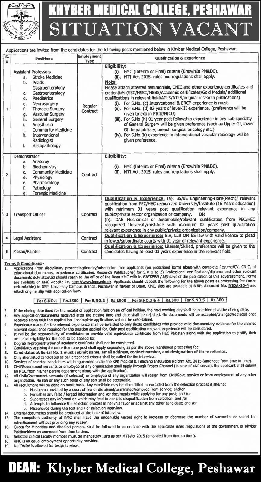 Khyber Medical College Peshawar KMC Jobs 2022 – Khyber Medical College KMC Peshawar Jobs 2022 — original advertisement