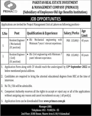 Pakistan Real Estate Investment & Management Company Jobs – Pakistan Real Estate Investment and Management Company Pvt Ltd (PRIMACO) Jobs 2022 — original advertisement