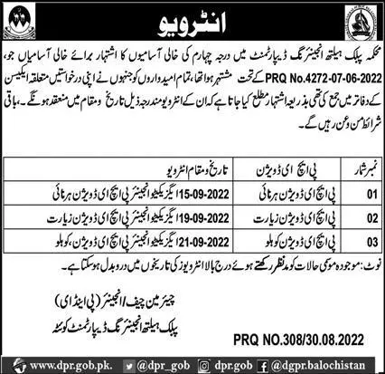 Interview Schedule Public Health Engineering PHE Balochistan – Public Health Engineering Department Balochistan Jobs 2022 — original advertisement