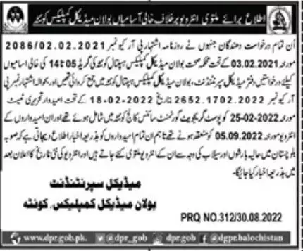 Cancel Interview in Health Department Bolan Medical complex – Health Department Balochsitan Jobs 2022 — original advertisement