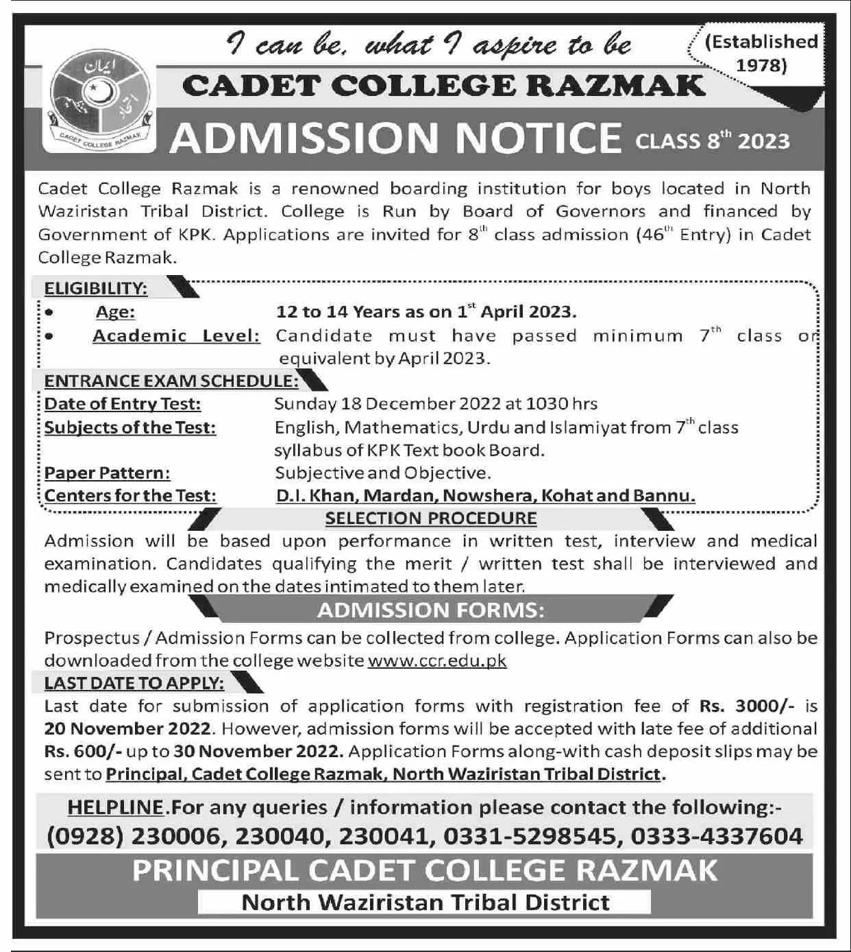 Admission in Cadet College Razmak Admissions 2022 — original advertisement