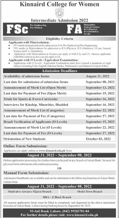 Admission in Kinnaird College For Women Lahore – Punjab Kinnaird College for Women Lahore Admissions 2022 — original advertisement