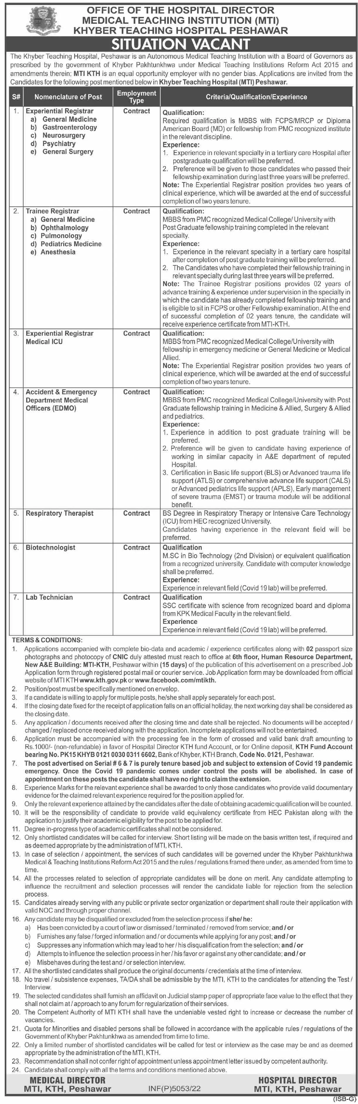 Khyber Teaching Hospital KTH Peshawar Jobs 2022 – Medical Teaching Institute MTI Khyber Teaching Hospital Peshawar Kpk Jobs 2022 — original advertisement