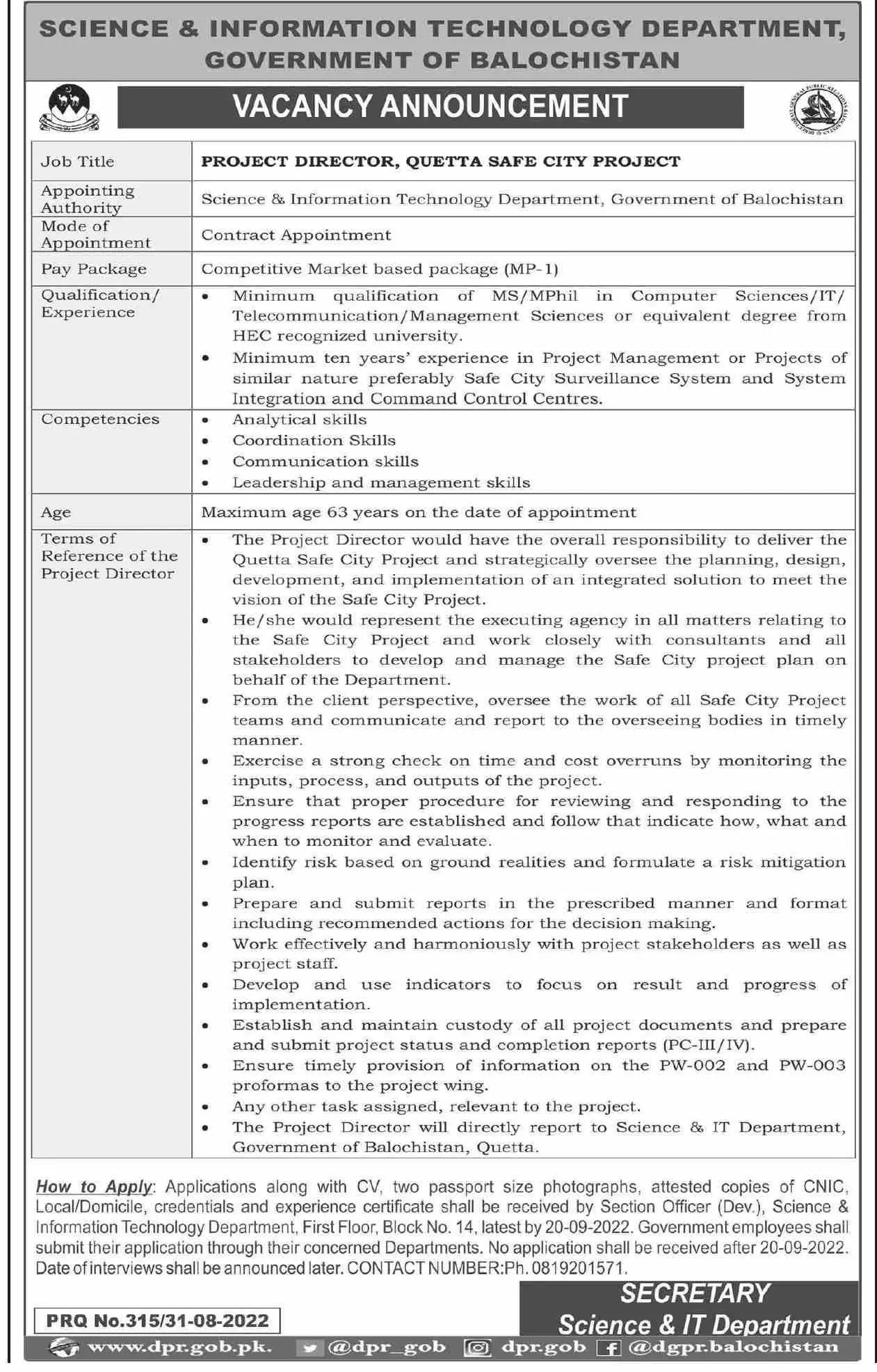 Jobs in Science & information Technology Department Quetta – Science and Information Technology Department Balochistan Jobs 2022 — original advertisement