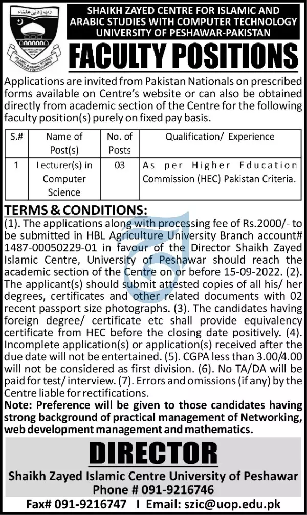 Shaikh Zayed Islamic Centre University of Peshawar Jobs – Shaykh Zayed Islamic Centre University of Peshawar Jobs 2022 — original advertisement
