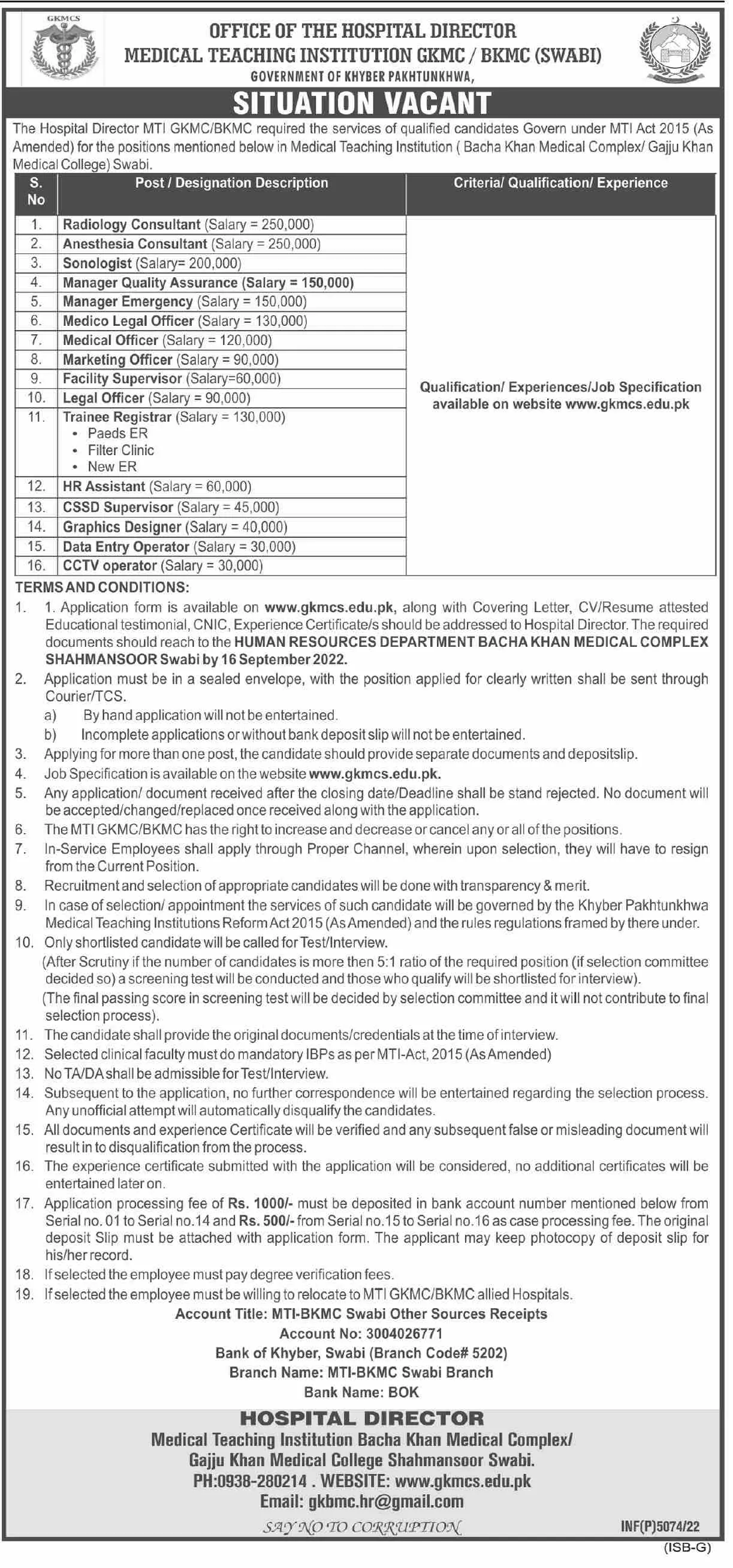 Gajju Khan Medical College & Bacha Khan Medical Complex Jobs – Bacha Khan Medical Complex Swabi Jobs 2022 — original advertisement