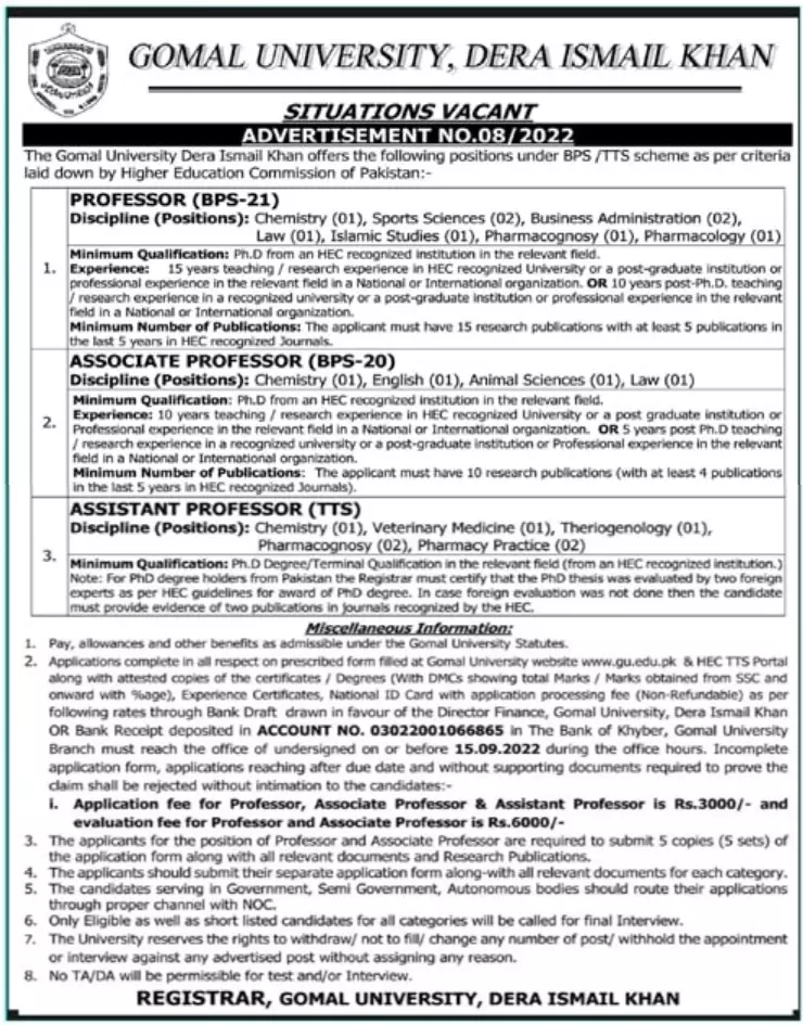 Gomal University Dera Ismail Khan Jobs 2022 Jobs 2022 — original advertisement
