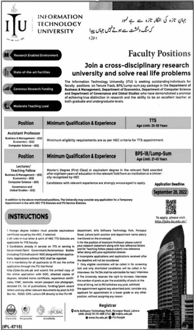 Jobs in Information Technology University ITU – Information Technology University of the Punjab Lahore Jobs 2022 — original advertisement