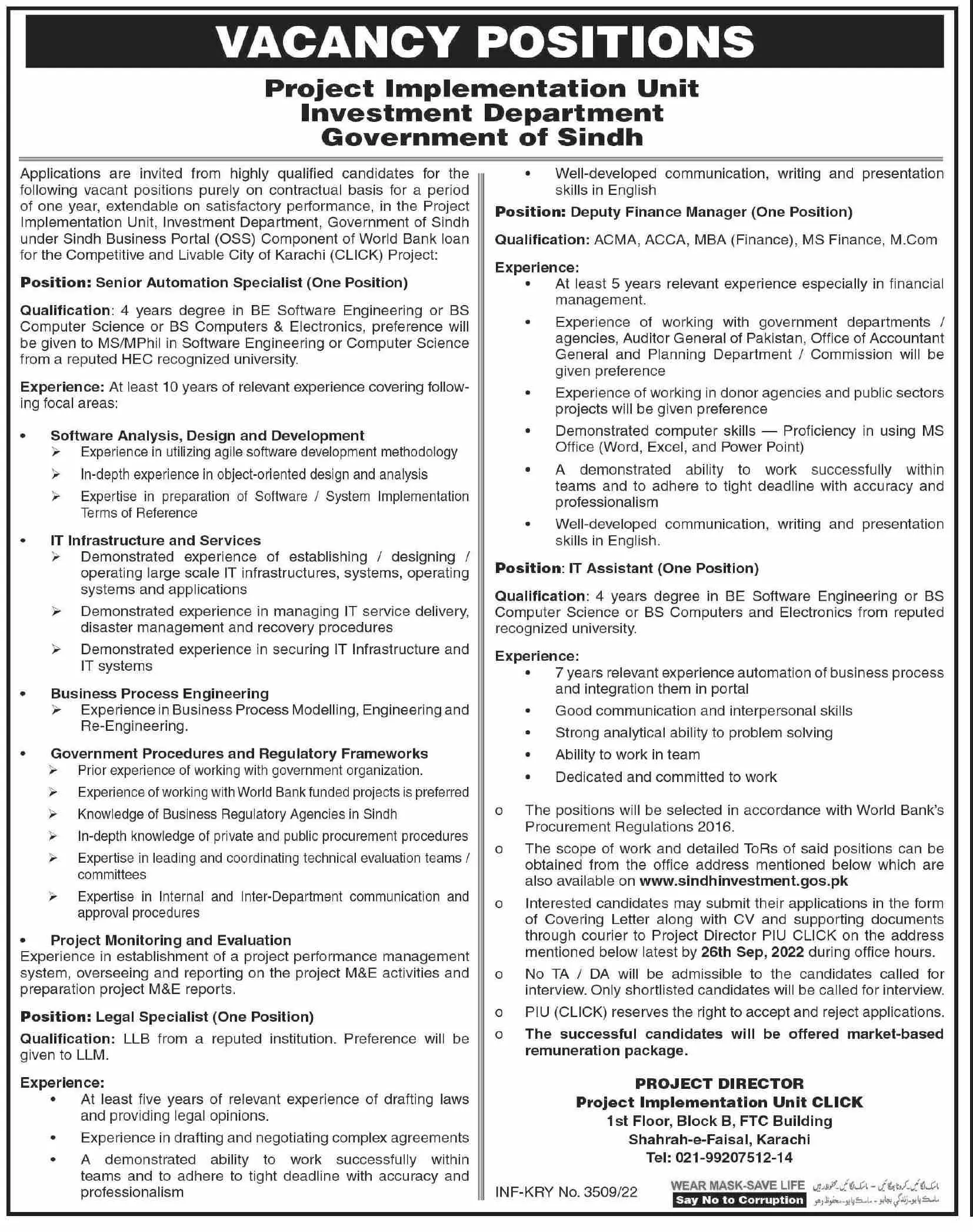 Project Implementation Unit Investment Department Jobs 2022 – Govt of Sindh Jobs 2022 — original advertisement