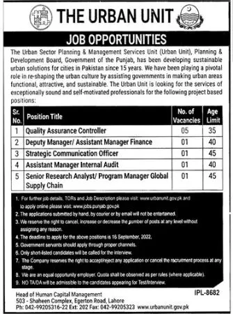 Urban Sector Planning & Management Services Unit Jobs 2022 – The Urban Unit Punjab Jobs 2022 — original advertisement