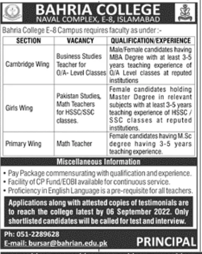 Jobs in Bahria College Naval Complex E-8 Islamabad Jobs 2022 — original advertisement