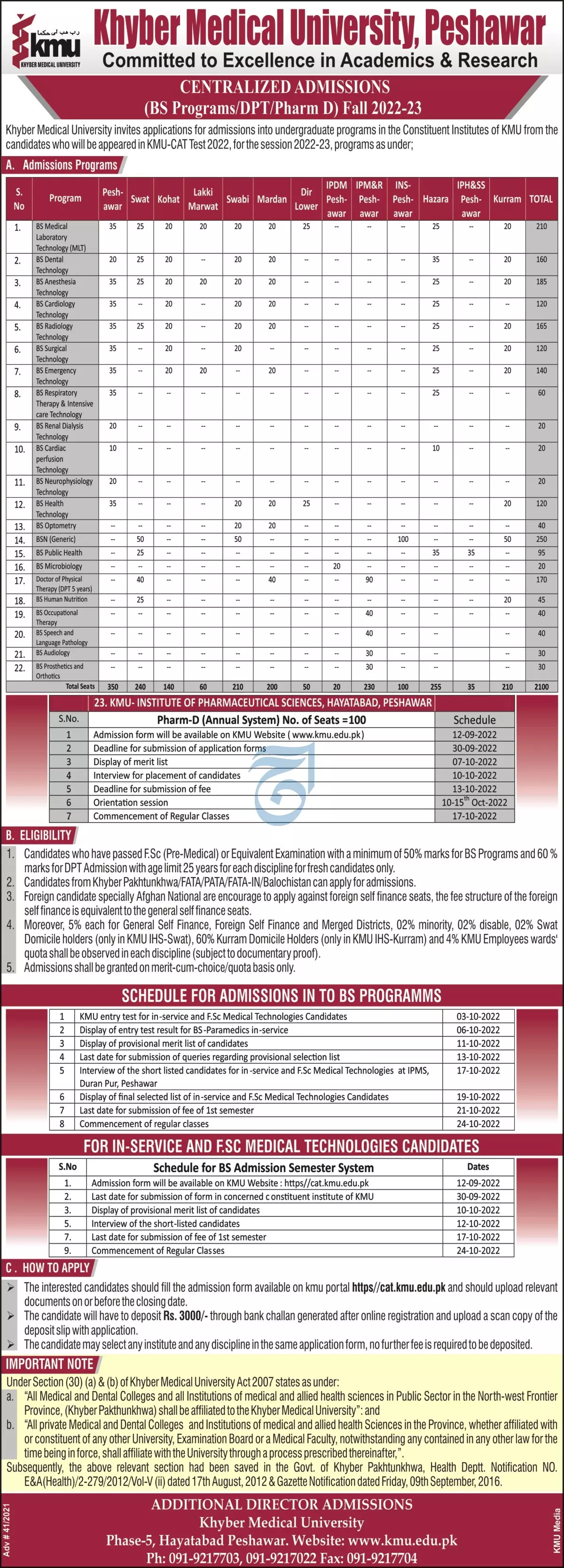 Admission in Khyber Medical University Peshawar Admissions 2022 — original advertisement