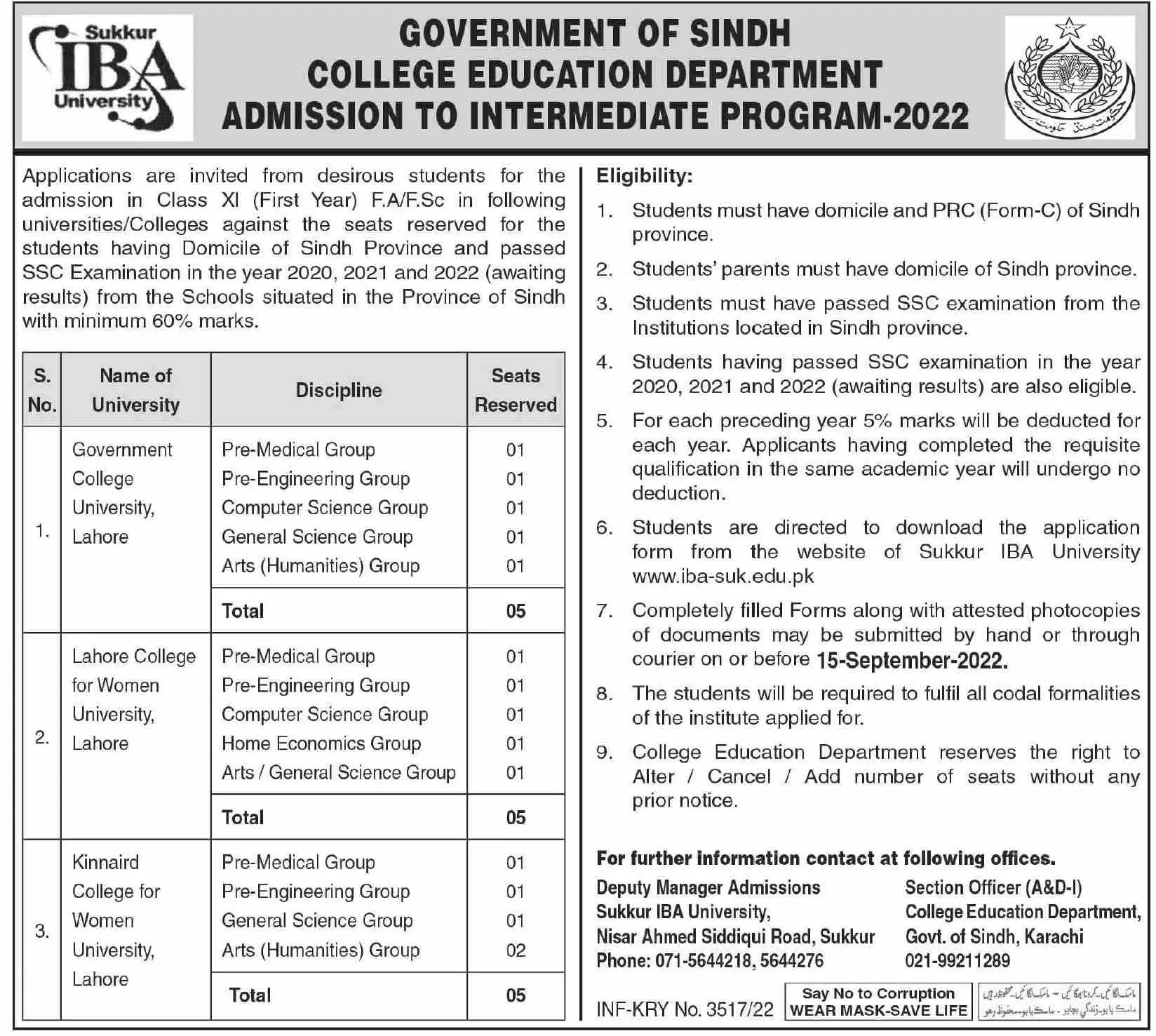 Admission in Sukkur IBA University Admissions 2022 — original advertisement