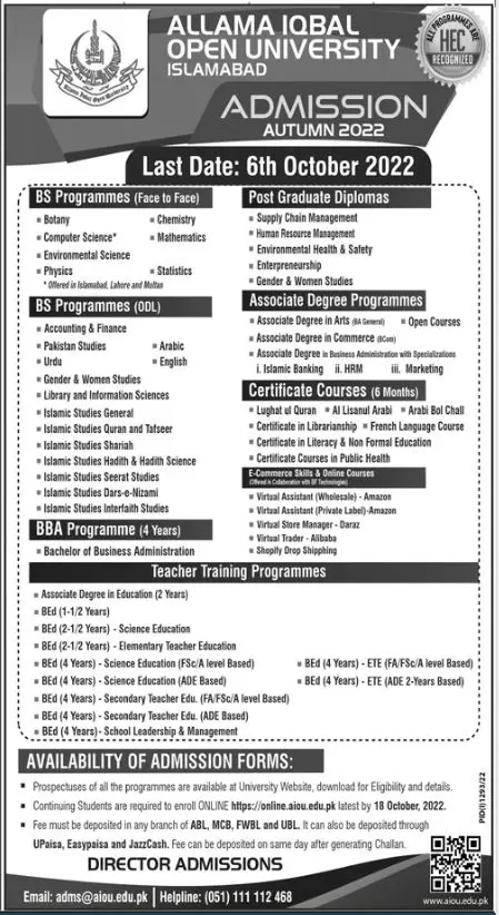 Admission in Allama Iqbal Open University Islamabad Admissions 2022 — original advertisement