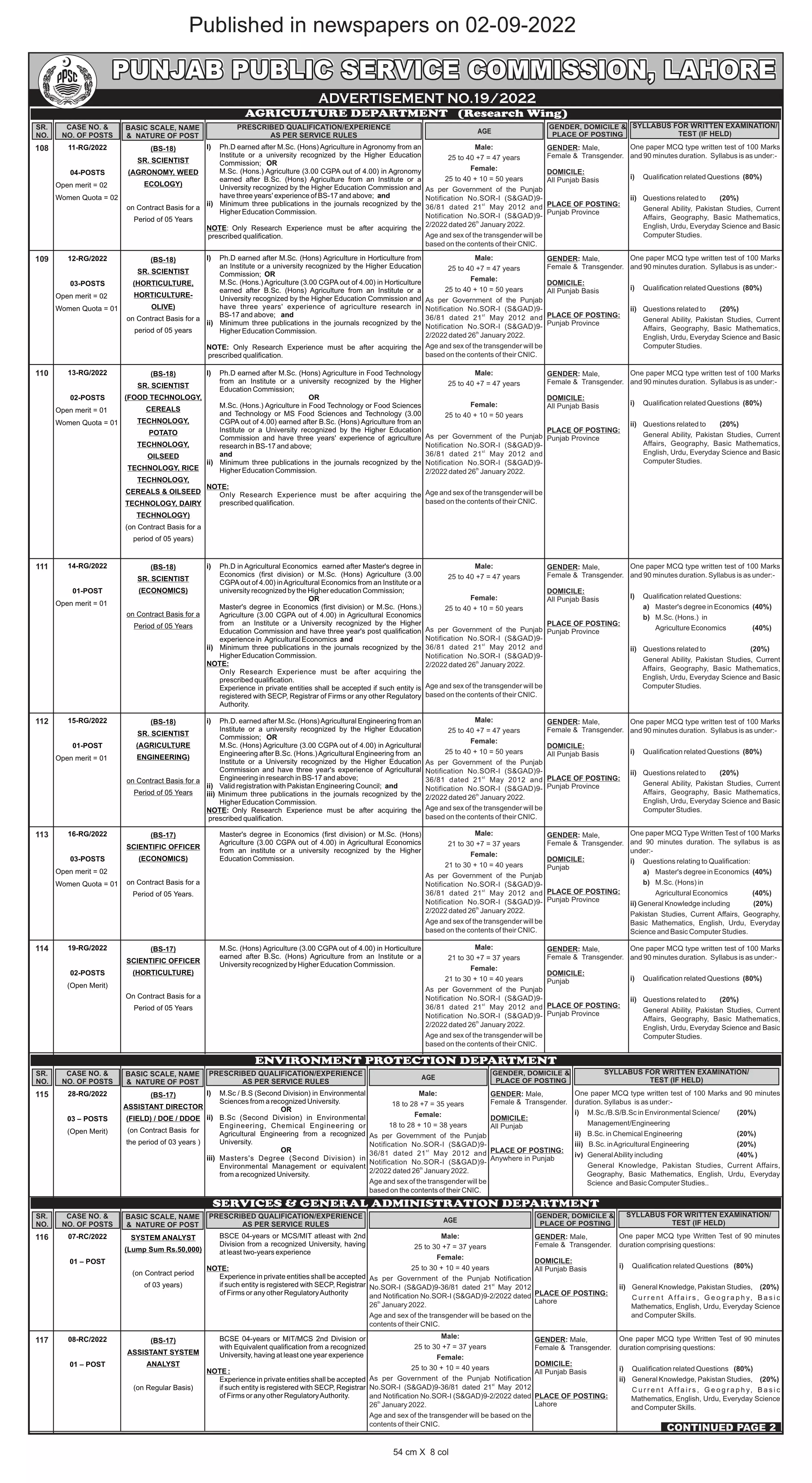 Jobs in Punjab Public Service Commission 19/2022 – Punjab Public Service Commission Lahore Jobs 2022 — original advertisement