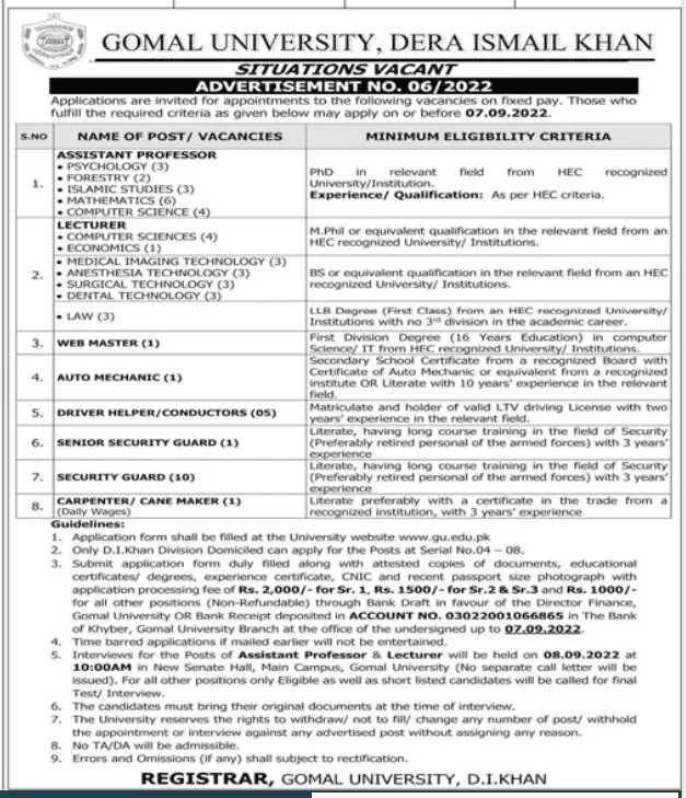 Gomal University Dera Ismail Khan Jobs 2022 Jobs 2022 — original advertisement