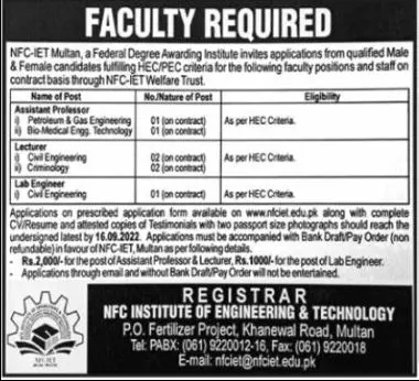 NFC Institute of Engineering & Technology Multan Jobs 2022 Jobs 2022 — original advertisement
