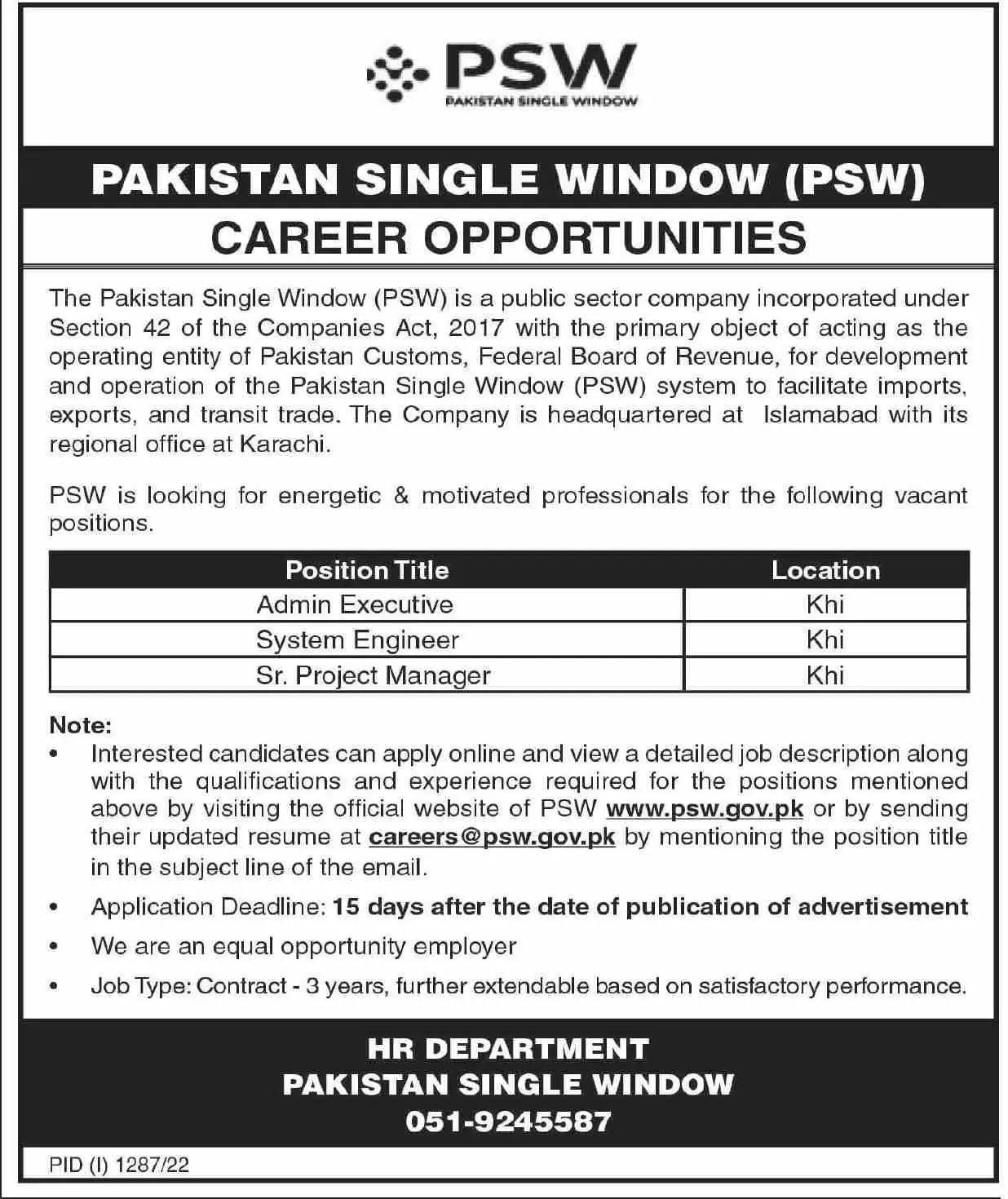 Pakistan Single Window ( PSW) Jobs 2022 – Pakistan Single Window PSW Jobs 2022 — original advertisement
