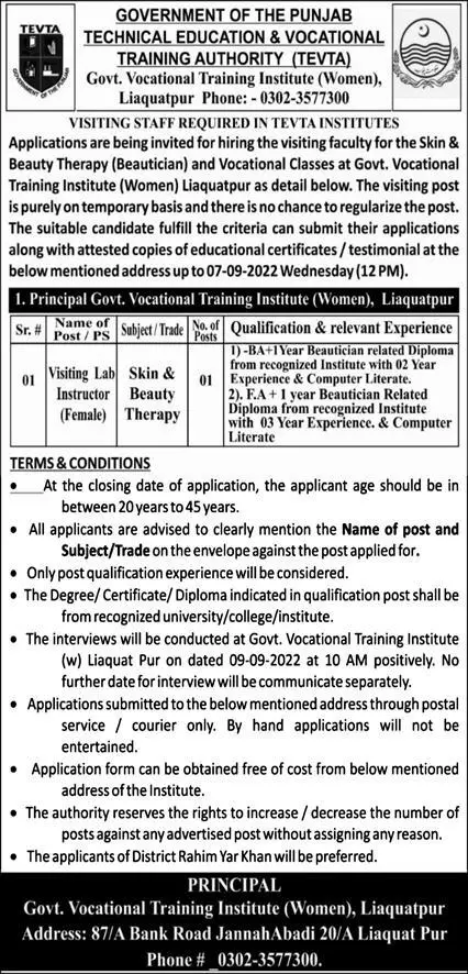 Technical Education & Vocational Training Authority Jobs – Technical Education & Vocational Training Authority TEVTA Punjab Jobs 2022 — original advertisement