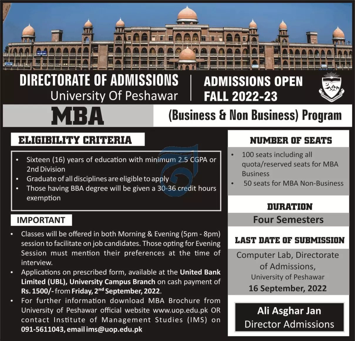 Admission in University of Peshawar Admissions 2022 — original advertisement