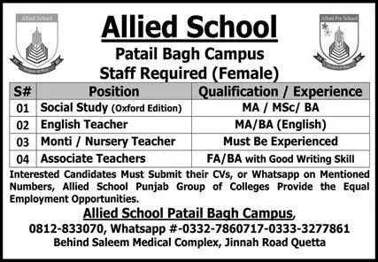 Jobs in Allied School Patail Bagh Campus Quetta – Allied School System Jobs 2022 — original advertisement