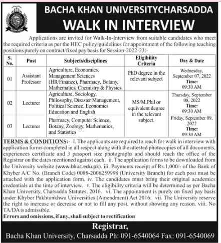 Bacha Khan University Charsadda Jobs 2022 – Bacha Khan University Charsada Admissions 2022 — original advertisement