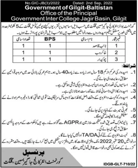 Govt Inter College Jagir Baseen Gilgit Jobs 2022 – Government of Gilgit-Baltistan Jobs 2022 — original advertisement