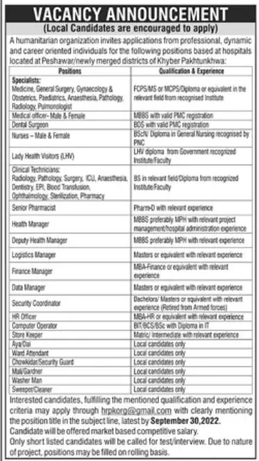 Humanitarian Organization Khyber Pakhtunkhwa Peshawar Jobs – Public Sector Organization Jobs 2022 — original advertisement