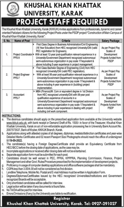 Khushal Khan Khattak University Karak Jobs Jobs 2022 — original advertisement