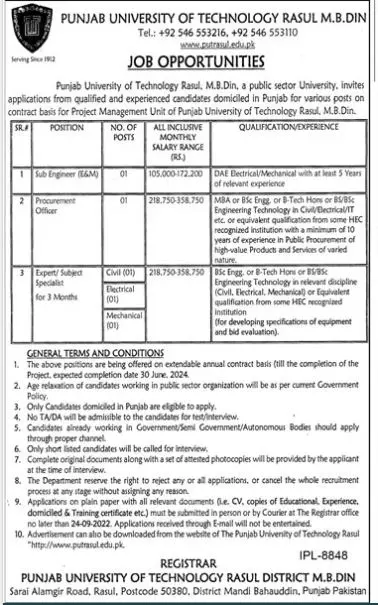 Punjab University of Technology Rasul Jobs – Punjab University of Technology Rasul District Mandi Bahaudin Jobs 2022 — original advertisement