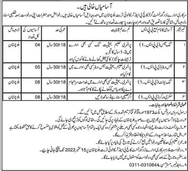 Jobs in Government Organization Turbat 2022 – Public Sector Organization Jobs 2022 — original advertisement