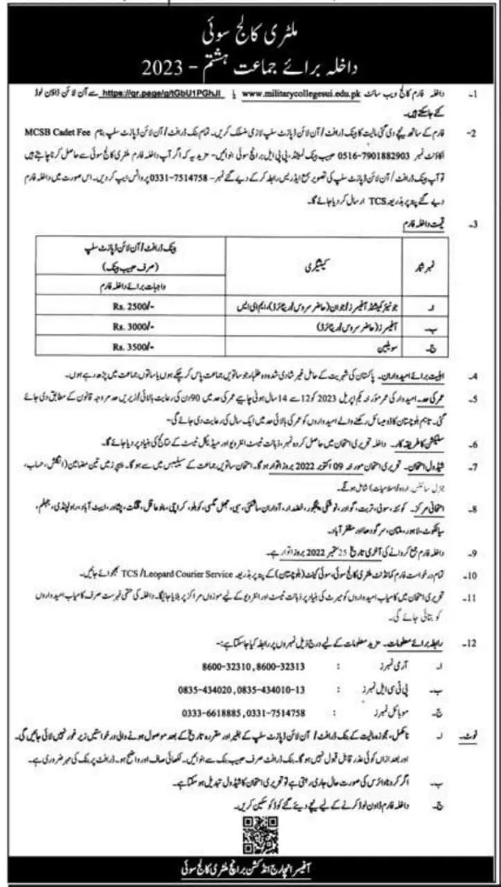 Admission in Military College Sui Balochistan Admissions 2022 — original advertisement
