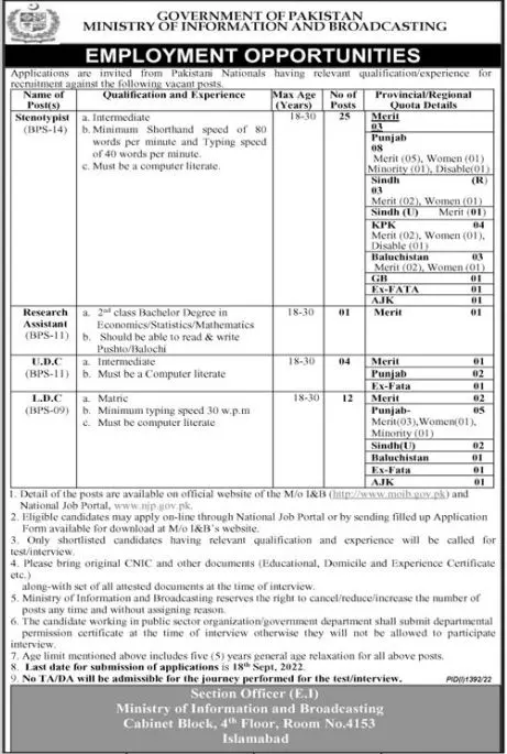 Jobs in Ministry of Information And Broadcasting Pakistan – Ministry of Information & Broadcasting Pakistan Jobs 2022 — original advertisement