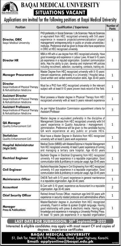 Baqai Medical University Karachi Jobs 2022 Jobs 2022 — original advertisement