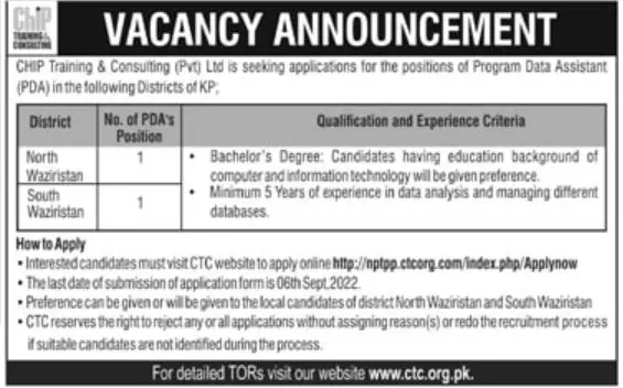 Chip Training & Consulting Pvt Ltd Jobs 2022 – Chip Training Consulting Pvt Ltd Jobs 2022 — original advertisement