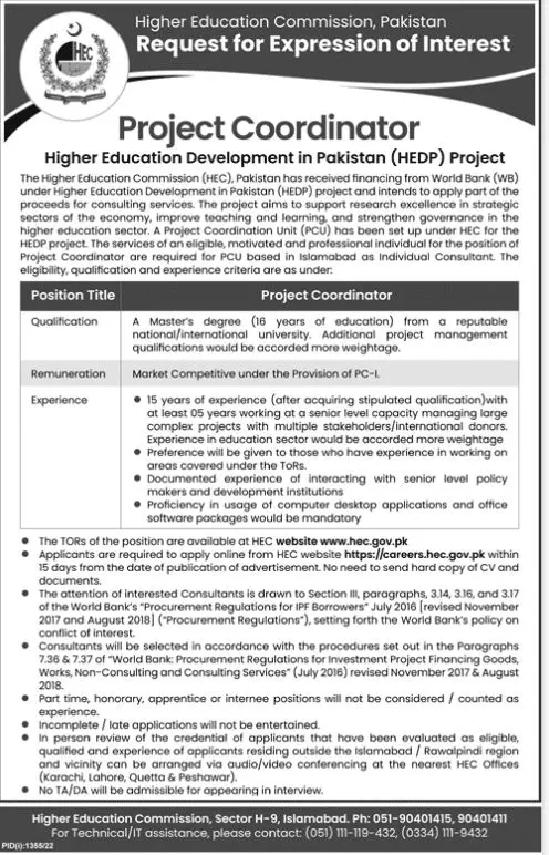 Higher Education Commission Islamabad Jobs 2022 Jobs 2022 — original advertisement