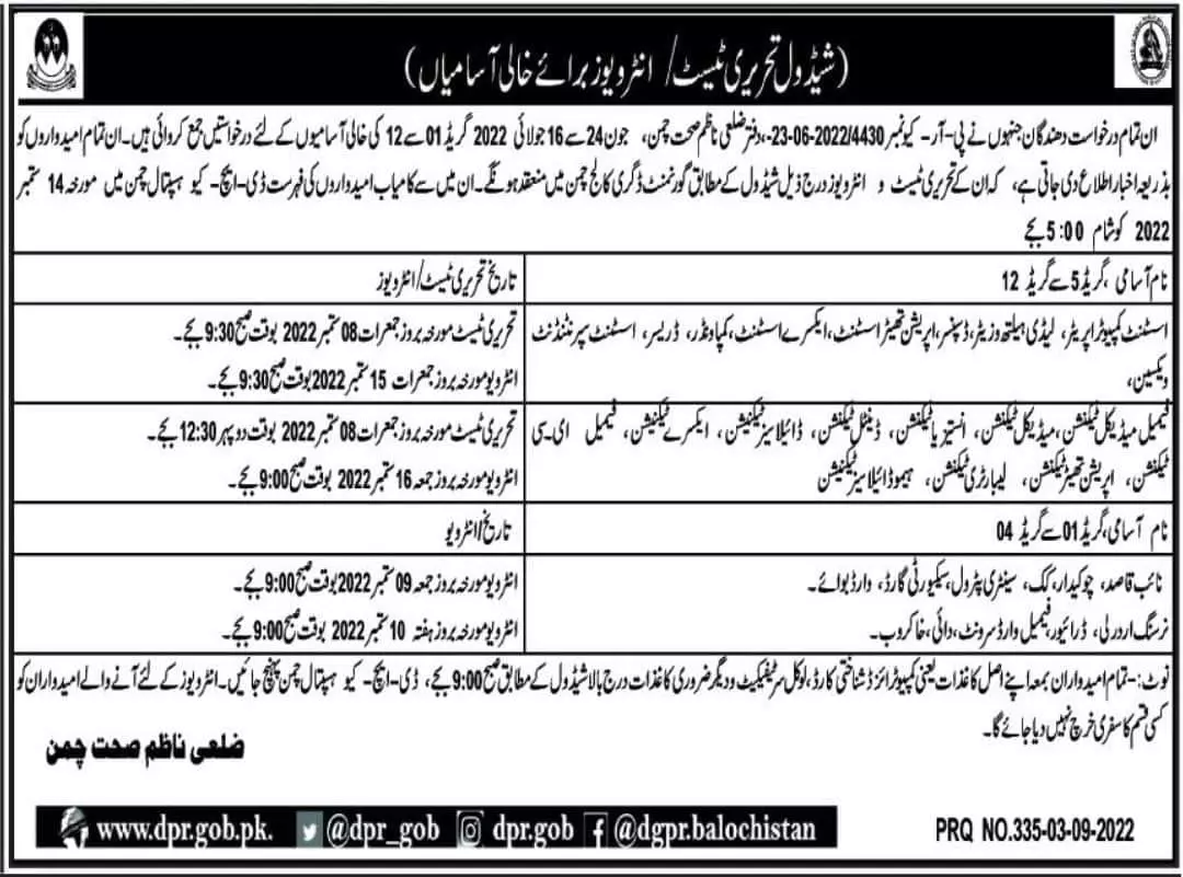 Test Interview in Health Department Chaman Balochistan – Health Department Balochsitan Jobs 2022 — original advertisement