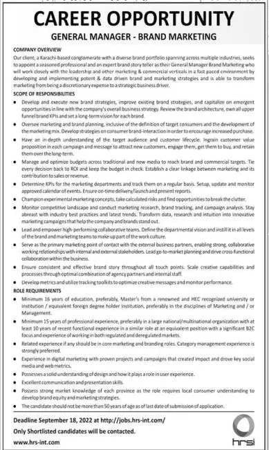 Jobs in Karachi Based Company – Private Company Jobs 2022 — original advertisement